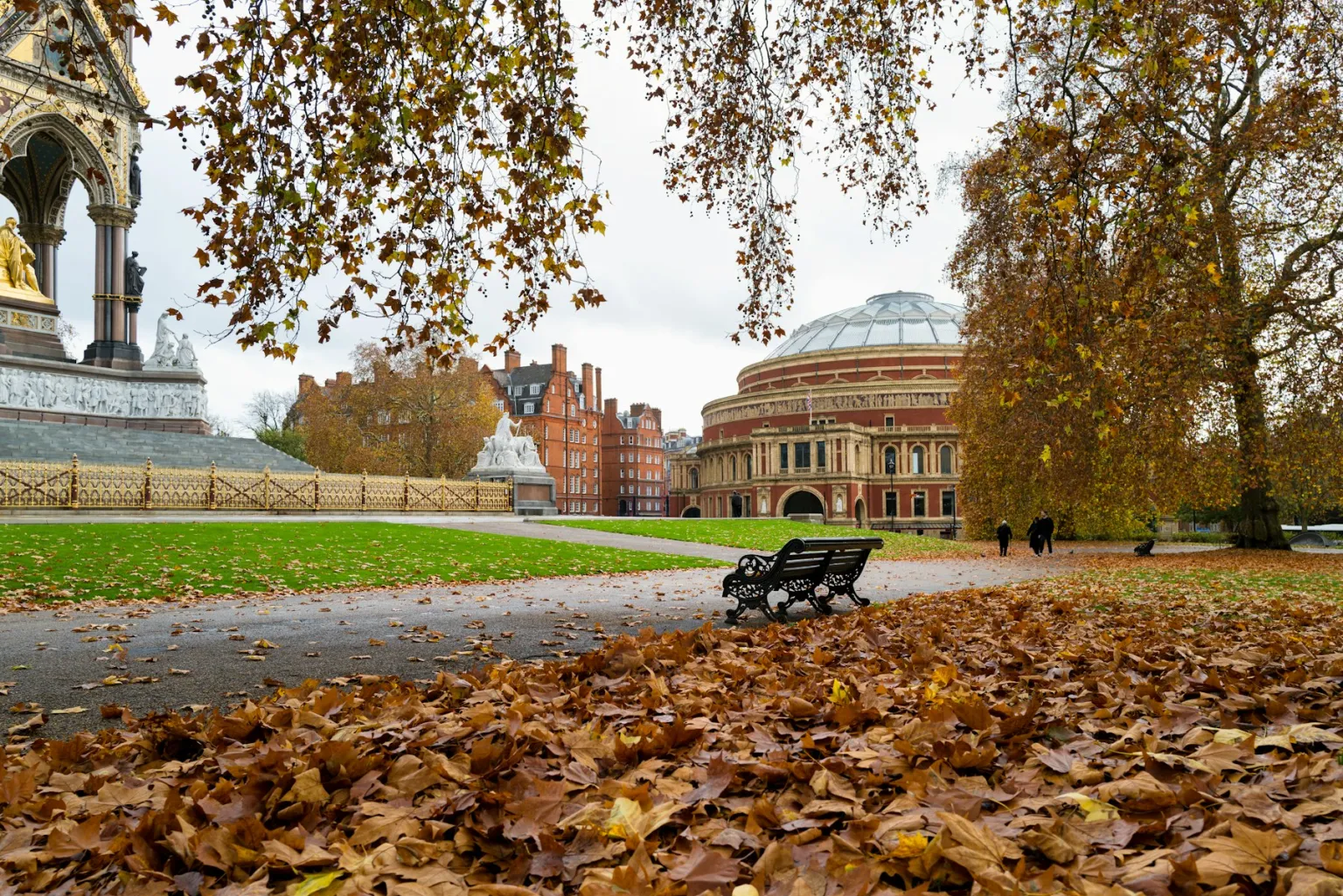Autumn trees in Kensington Gardens with the Albert Memorial and Royal Albert Hall beyond