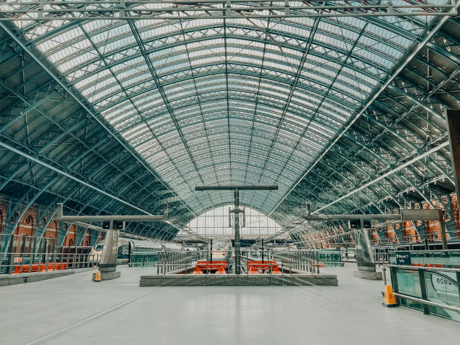 The glass and iron train shed at St Pancras International station in London