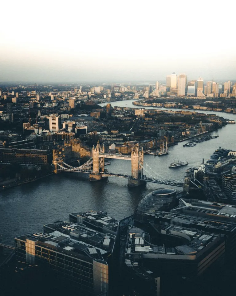 Aerial view of Tower Bridge over the River Thames at golden hour